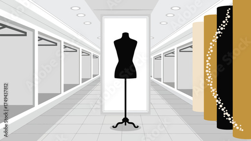 A black mannequin stands in the center of a fashion store with racks and rolls of fabric around it