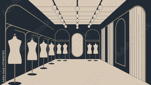 Illustration of a clothing store interior with mannequins racks and lighting fixtures on the ceiling