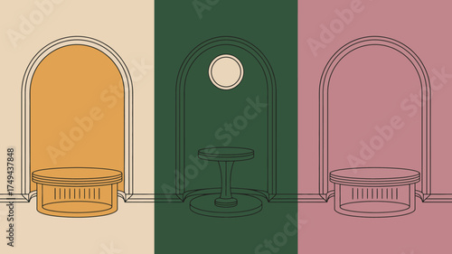 Three arched niches in varying colors with platforms and a central circular element design concept