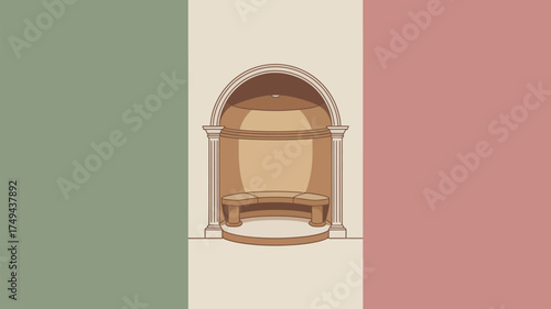 Illustration of a classical style niche with a bench against an italian flag inspired background