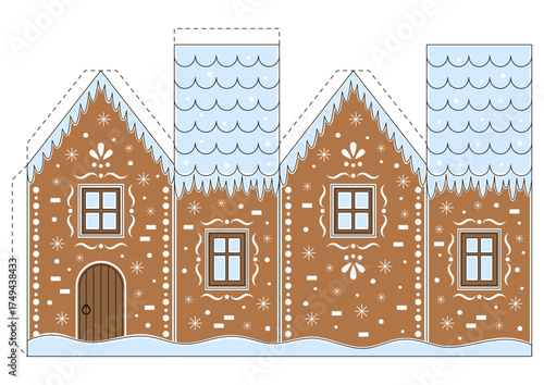 Craft game for kids, cut and glue paper. Christmas gingerbread house. Education for kids, papercraft, Christmas decor. Vector illustration