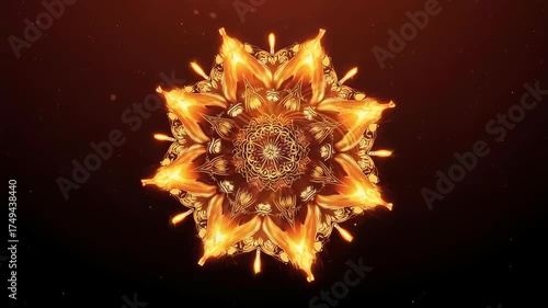 A fiery, ornate, symmetrical design radiates against a dark red background