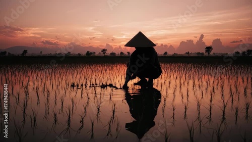 A silhouetted figure in conical hat tends to a rice paddy at sunset, reflection