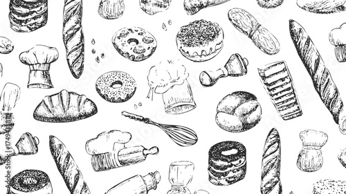 A pattern of various baked goods and kitchen utensils, including croissants, donuts, cakes, and baking tools like whisks and measuring cups