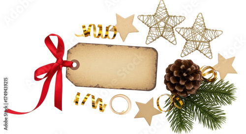 Canvas Print Isolated festive adornment arrangement with ribbon bow, tag, stars and pine cone