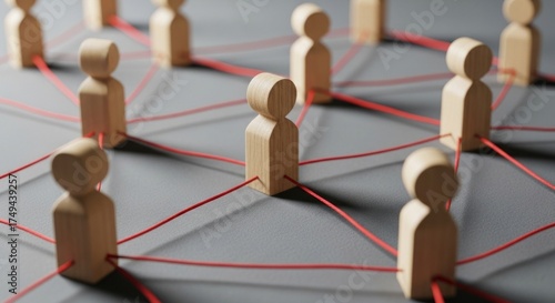 Teamwork concept shows interconnected wooden figures symbolizing connections and collaboration for success