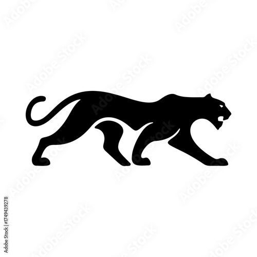 Illustration of a panther or cougar in a walking stance isolated on white background. Design element for emblem, sign, poster, badge. Vector illustration