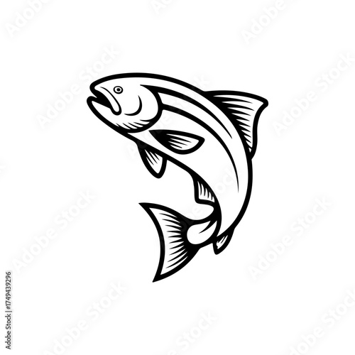 Illustration of a salmon isolated on white background. Design element for emblem, sign, poster, badge. Vector illustration
