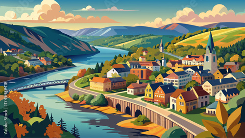 Very beautiful Harpers Ferry, West Virginia, USA, vector-style landscape capturing rivers, hills, and historic town nestled at scenic confluence.