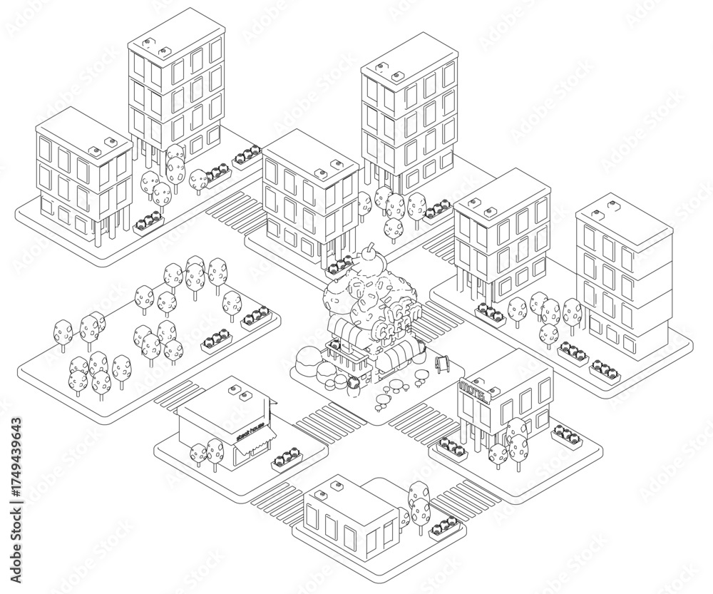 Obraz premium A black and white contour drawing of a town with buildings, trees, and an ice cream shop illustrates urban planning concepts. Isometric view