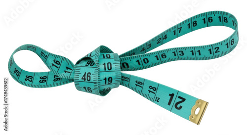 Isolated teal measuring tape looped and tied, inches and centimeters, tailoring and sewing tool