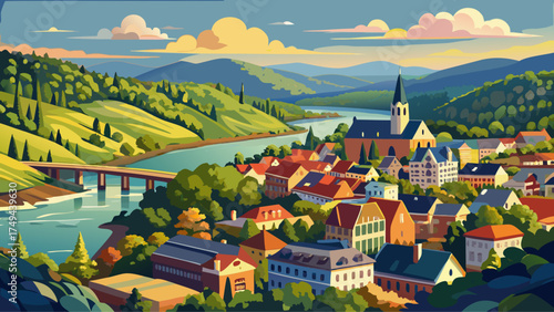 Very beautiful Harpers Ferry, West Virginia, USA, vector-style landscape capturing rivers, hills, and historic town nestled at scenic confluence.