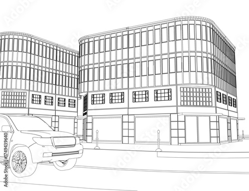 A black and white contour drawing of a building on a street with a car parked in front. The illustration is set against a plain white background.
