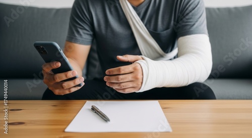 Injured man using phone with arm cast consulting insurance claims and filing medical paperwork