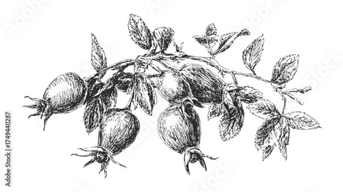A detailed pencil sketch illustration of a branch with red tomato fruit and leaves