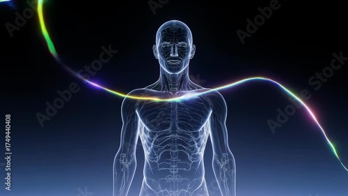 A glowing human anatomy model. Veins and nervous system visualized on a person