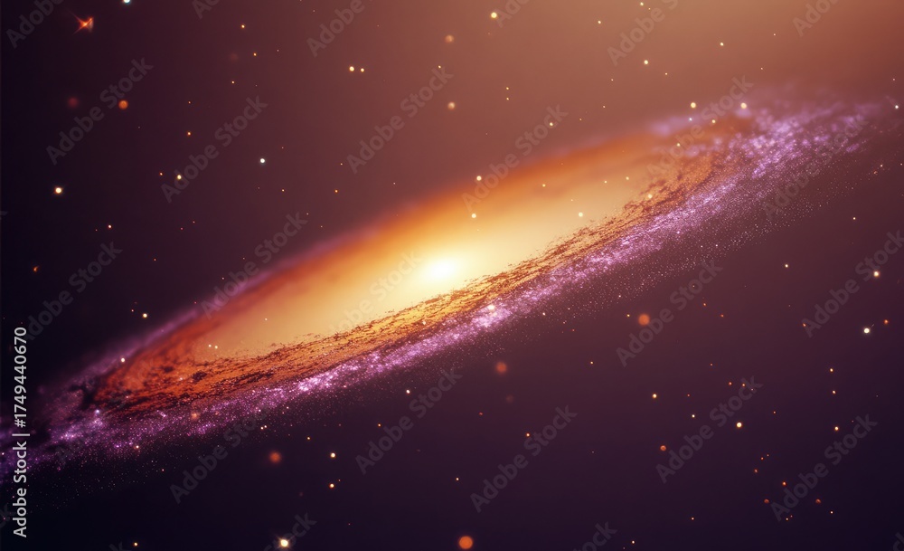Obraz premium A grainy, blurry film of an orange and purple galaxy with lens flares, the light is reflecting on its surface.