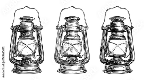 A vintage art hand drawn pencil sketch oil lanterns in different with intricate details and a classic design