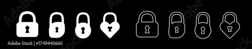 White padlock set on black background. Lock icon set to use for IT design projects, cyberspace, internet security, privacy, webdesign. Rectangle, round, heart shape lock set.