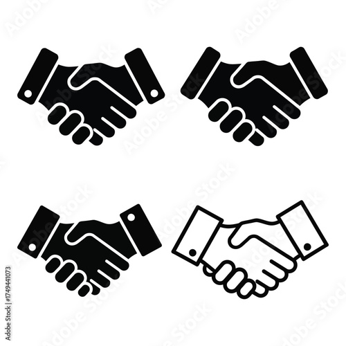 Four diverse handshake icons representing partnership agreement trust business collaboration and unity in a clean design silhouette