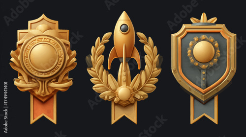 Vector Illustration of Award Medals and Badge Icons in Gold and Silver Modern Style