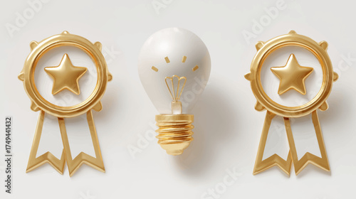 Vector Illustration of Award Badge and Light Bulb in Modern Minimalist Style with Gold Color Scheme