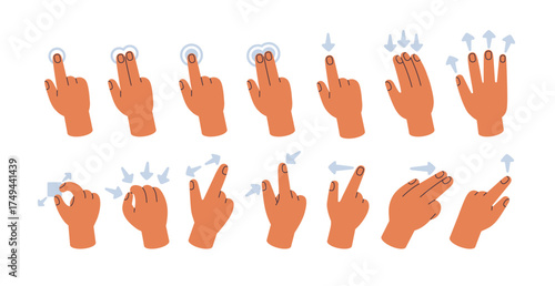 Touchscreen gestures set. Fingers, hands making interactive digital commands on touch screen, click, swipe left and right, scroll, zoom and tap. Flat vector illustration isolated on white background.