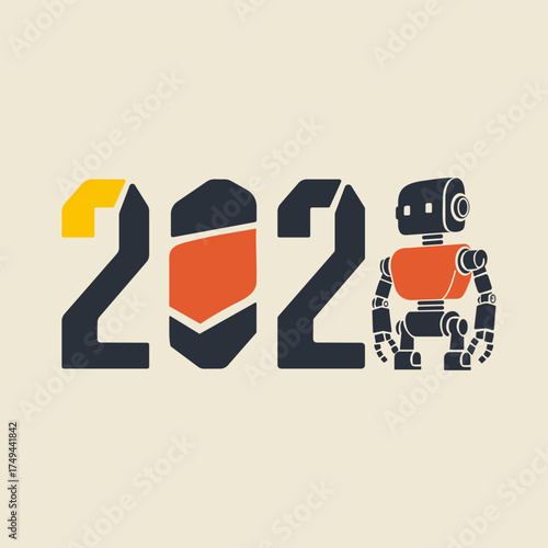2026 Happy New Year logo text design with robot. Vector Illustration