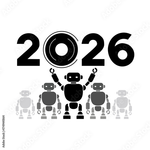 2026 Happy New Year logo text design with robot. Vector Illustration