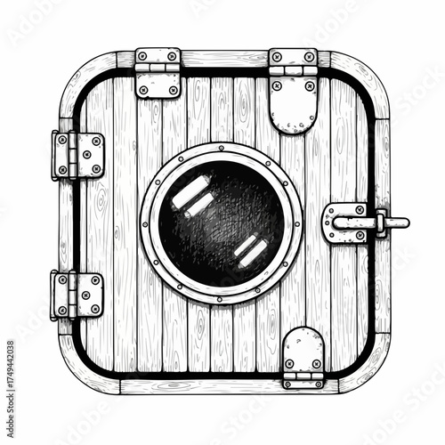 Detailed porthole door illustration, depicting rustic wooden planks, sturdy metal hinges, and strong latch mechanism. Classic porthole door design evokes maritime adventure,