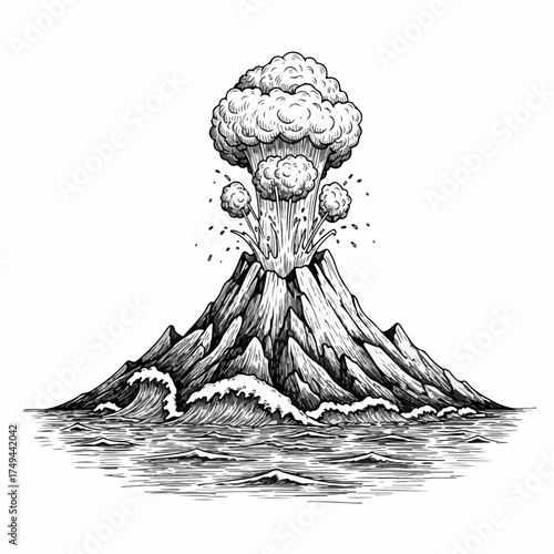 Engraving style volcano eruption illustration features towering ash cloud rising above ocean waves. Volcano eruption depicts immense geological power, spewing lava and rock fragments.