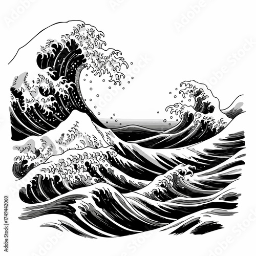 Powerful ocean waves crash dramatically with foam and dark contours, creating a striking monochrome scene. Detailed ocean waves illustrate natural force and dynamic movement,