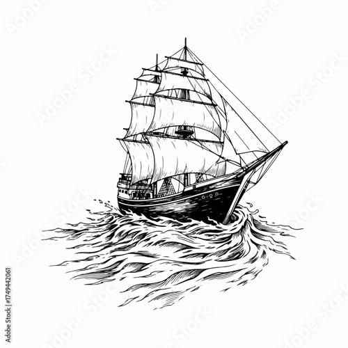 Hand drawn sailing ship navigates turbulent ocean waves, antique maritime vessel. Detailed sailing ship artwork captures spirit of adventure, open sea voyages.