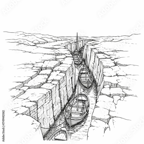 Black and white drawing depicts boats navigating narrow stone canal, showing challenging journey through high rocky walls. Line art emphasizes vessels within ancient stone canal,