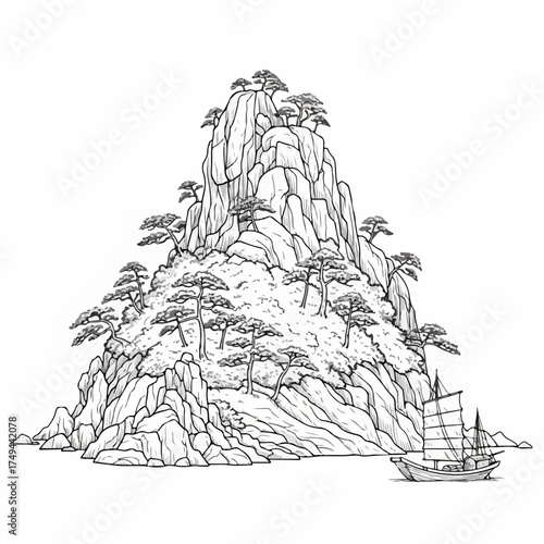 Detailed Asian landscape drawing featuring rocky island with traditional sailboat, surrounded by serene waters. Asian landscape drawing showcases mountain pines and stylized cliffs.