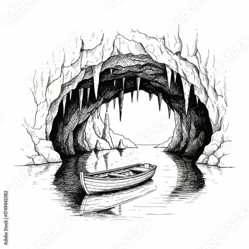 Detailed sea cave boat illustration, showing small wooden rowboat floating peacefully inside illuminated grotto. Sea cave boat artwork highlights intricate stalactites hanging from cavern ceiling,