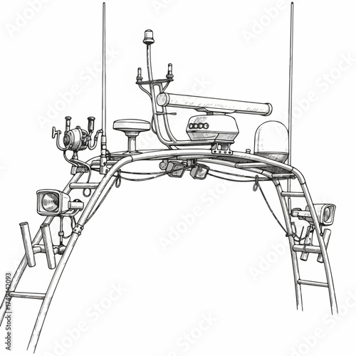 Radar arch with navigational equipment, communication devices. Radar arch features radar antenna, GPS dome, spotlights, antennas for marine operations. Radar arch drawing for boating technology,