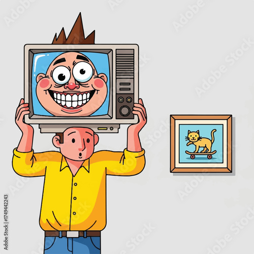 A funny face appears on the tube monitor the worker is holding.