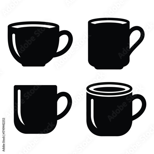 Four black silhouette coffee mug icons representing different styles for beverage presentation and design projects silhouette