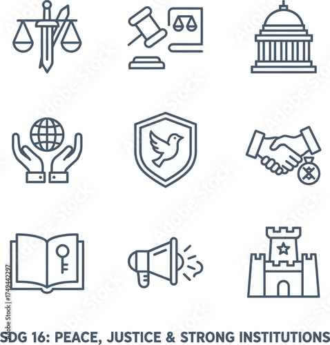 Outline icon set symbolizing peace, justice, human rights, and strong institutions, representing law and order concepts
