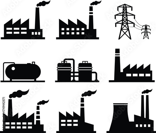 Black Factory Silhouettes Set — Industrial Buildings and Power Plant Vector Icons
