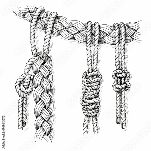 Intricate rope knots illustration, various decorative and functional ties. Drawing highlights braided patterns, secure bindings, and complex rope knots designs. Concept rope knots for craft guides,