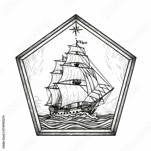 Vintage sailing ship illustration within polygonal frame, nautical emblem design. Detailed sailing ship drawing with full sails navigating ocean waves, celestial compass star above.