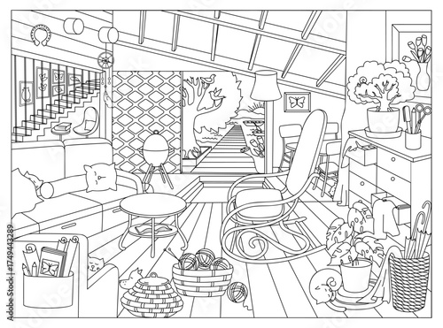 Coloring page. Cozy warm home interior of country chalet with overlooking the lake. Linear sketch vector illustration.