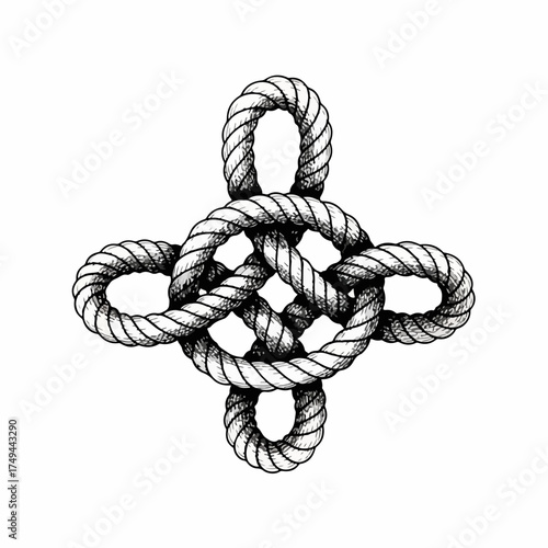 Intricate Celtic knot drawing, hand drawn traditional rope knot in a detailed pattern with textured lines. Celtic knot illustration representing eternity, unity, strength, continuous connection.
