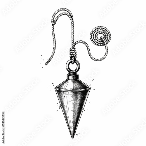 Plumb bob illustration, precise measurement tool for building, construction. Accurate plumb bob instrument features conical weight, sturdy rope, essential for vertical alignment.