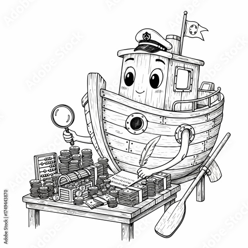 Cartoon ship examining treasure with magnifying glass and abacus, adorable animated vessel inspects scattered coins and bills. Concept cartoon ship investigates funds like a forensic accountant,
