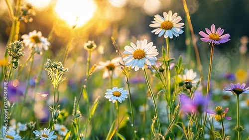 Enchanting Meadow, A Symphony of Daisies Bathed in Golden Sunlight