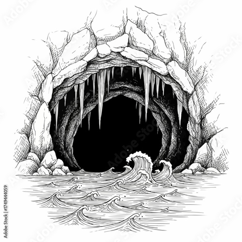 Mysterious cave entrance illustration with icicles and water waves at the cave entrance creates an atmosphere of intrigue.