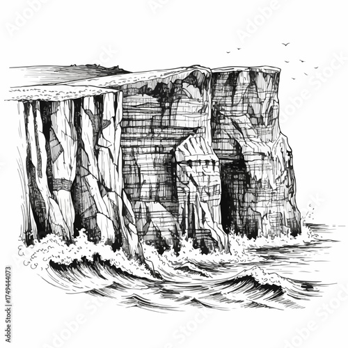 Cliffs over water, a dramatic monochrome illustration of imposing cliffs meeting turbulent ocean. Cliffs and water emphasize scale,